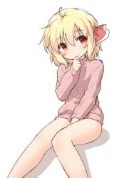 Rule 34 | 1girl, ahoge, alternate costume, bare legs, between legs, blonde hair, blush, hair between eyes, hair ribbon, hand between legs, hand on own chin, head tilt, looking at viewer, natsu no koucha, no pants, pink sweater, red eyes, red ribbon, ribbon, rumia, shadow, short hair, simple background, sitting, smile, solo, sweater, touhou, turtleneck, turtleneck sweater, white background