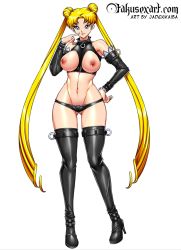 Rule 34 | bdsm, bishoujo senshi sailor moon, boots, breasts, breasts out, cameltoe, cleavage, cleft of venus, collar, crop top, dominatrix, dominatrix outfit, femdom, hand on own hip, high heels, highres, huge breasts, jacket, large breasts, latex, leather, leather jacket, lingerie, looking at viewer, navel, panties, petite, seductive smile, smile, solo, standing, thigh boots, thigh gap, twintails, underwear
