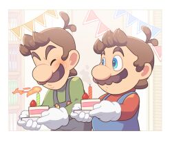Rule 34 | 2boys, antenna hair, blowing, blowing candle, blue eyes, blue pants, blush, book, bookshelf, border, brothers, brown hair, buttons, cake, cake slice, candle, closed eyes, commentary request, fire, flag, fire, food, fruit, gloves, green shirt, holding, holding plate, hoshikuzu pan, indoors, long sleeves, looking at another, luigi, male focus, mario, mario (series), multiple boys, nintendo, no headwear, outside border, overalls, pants, pennant, plate, red shirt, shirt, short hair, siblings, strawberry, super mario bros. 1, sweatdrop, upper body, white border, white gloves