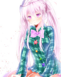 Rule 34 | 1girl, alternate hairstyle, bad id, bad pixiv id, blush, bow, bowtie, hata no kokoro, highres, long hair, long sleeves, looking down, noh mask, pink eyes, pink hair, plaid, plaid shirt, shirt, simple background, skirt, solo, string, suhu (hitsuzimakaron), tears, touhou, twintails, upper body, white background
