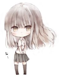 Rule 34 | 1girl, brown eyes, brown hair, chibi, collared shirt, commentary request, kotatu (akaki01aoki00), original, own hands together, pleated skirt, shirt, simple background, skirt, solo, standing, thighhighs, white background