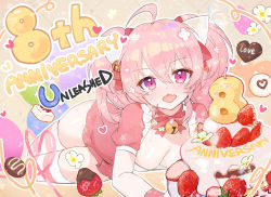Rule 34 | 1girl, ahoge, animal ears, anniversary, apple caramel, bell, bow, breasts, cake, candle, candy, cat ears, chocolate, chocolate heart, cleavage, copyright name, covered navel, dress, fang, food, fruit, hair bow, heart, jingle bell, looking at viewer, neck bell, official art, pink dress, pink eyes, pink hair, pink ribbon, red bow, ribbon, short twintails, skin fang, strawberry, twintails, twisted torso, unleashed, white legwear, wristband