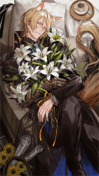 Rule 34 | 1boy, animal ears, arknights, basket, black coat, black footwear, black pants, blonde hair, bouquet, coat, coffee, collared coat, collared shirt, couch, cup, cushion, extra ears, flower, foot out of frame, gauntlets, grey necktie, grey shirt, hair strand, highres, holding, holding bouquet, horse boy, horse ears, horse tail, knee up, lily (flower), long sleeves, looking at viewer, lying, male focus, mlynar (arknights), nana tetra, necktie, newspaper, on back, on couch, open clothes, open coat, orange ribbon, paint splatter, paint splatter on face, pants, parted bangs, parted lips, ribbon, rolled up newspaper, saucer, shirt, shoes, short hair, single gauntlet, solo, sunflower, tail, tray, white flower, white lily, yellow eyes, yellow flower