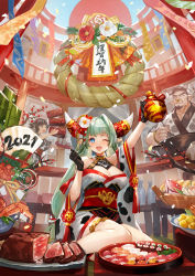 Rule 34 | 1boy, 2girls, ;d, arm up, bamboo, blue eyes, blush, bottle, breasts, cleavage, clenched hand, commentary request, confetti, crab, eyelashes, flower, food, gloves, green hair, highres, holding, horns, long hair, meat, multiple girls, nengajou, new year, nima (niru54), nose piercing, nose ring, one eye closed, open mouth, original, piercing, pot, red flower, sash, short eyebrows, sitting, smile, sushi, table, teeth, tongue, white flower, wreath