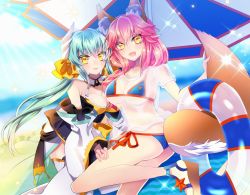 Rule 34 | 2girls, animal ears, aqua hair, artist request, bare shoulders, bikini, blue bikini, blush, bow, breasts, cleavage, fate/grand order, fate (series), fox ears, fox tail, green hair, hair bow, horns, kiyohime (fate), kiyohime (fate/grand order), kiyohime (swimsuit lancer) (fate), kiyohime (swimsuit lancer) (first ascension) (fate), large breasts, long hair, looking at viewer, medium breasts, multiple girls, navel, open mouth, pink hair, ponytail, shirt, smile, swimsuit, tail, tamamo (fate), tamamo no mae (fate/extra), tamamo no mae (swimsuit lancer) (fate), tamamo no mae (swimsuit lancer) (second ascension) (fate), wet, wet clothes, wet shirt, yellow eyes