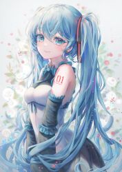 Rule 34 | 1girl, bare shoulders, blue eyes, blue hair, blush, breasts, detached sleeves, grey background, grey shirt, grey skirt, hair between eyes, hatsune miku, highres, long hair, long sleeves, looking at viewer, shirt, shoulder tattoo, skirt, small breasts, smile, solo, tattoo, twintails, upper body, very long hair, vocaloid, yuubarish