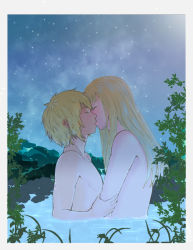 Rule 34 | 2boys, androgynous, blonde hair, branch, canute, closed eyes, collarbone, eyebrows, eyelashes, framed image, grass, holding, holding own arm, kiss, leaf, long hair, male focus, messy hair, multiple boys, night, outdoors, pectorals, prince, profile, sky, star (sky), starry sky, thorfinn, topless male, viking, vinland saga, water, water drop, wet, yaoi