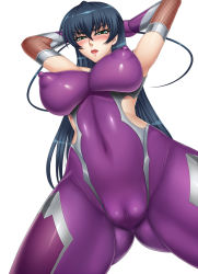 Rule 34 | 1girl, 5ht, blush, bodysuit, breasts, cameltoe, covered erect nipples, covered navel, curvy, from below, highres, huge breasts, igawa asagi, image sample, nipples, partially visible vulva, penis, pixiv sample, shiny skin, simple background, skin tight, solo, spread legs, taimanin (series), taimanin asagi, white background