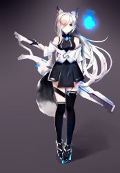 Rule 34 | 1girl, animal ears, asymmetrical hair, bare shoulders, black dress, chamnaitu, closed mouth, dress, fox ears, fox girl, fox tail, full body, grey background, hair over one eye, highres, long hair, looking at viewer, original, science fiction, sidelocks, silver hair, smile, solo, standing, tail