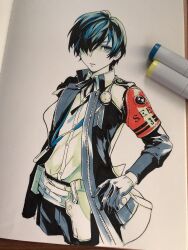 Rule 34 | 1boy, art tools in frame, belt, blue eyes, blue hair, blue jacket, buttons, cropped legs, eyelashes, hair over one eye, hand on own hip, highres, isa (peien516), jacket, male focus, open clothes, open jacket, parted lips, persona, persona 3, photo (medium), shirt, short hair, simple background, solo, traditional media, white background, white shirt, yuuki makoto (persona 3), zipper