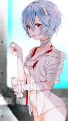 Rule 34 | 1girl, ayanami rei, bad id, bad pixiv id, bandages, blue hair, bottle, bottomless, breasts, hair ornament, highres, holding, navel, neon genesis evangelion, open clothes, open shirt, pill, red eyes, shirt, short hair, solo, water bottle, white shirt, yamada ranga