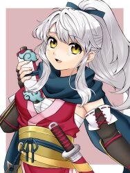 Rule 34 | 1girl, :d, black gloves, blue scarf, chest sarashi, commentary, fingerless gloves, fire emblem, fire emblem: radiant dawn, fire emblem heroes, gau fe, gloves, grey hair, hair ribbon, highres, holding, holding scroll, japanese clothes, long hair, long scarf, looking at viewer, micaiah (fire emblem), micaiah (ninja) (fire emblem), ninja, nintendo, official alternate costume, official alternate hairstyle, open mouth, ponytail, ribbon, sarashi, scarf, scroll, sheath, sheathed, simple background, smile, solo, upper body, yellow eyes