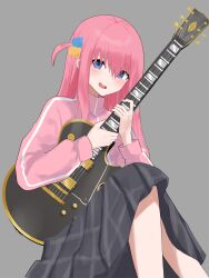Rule 34 | 1girl, blue eyes, blush, bocchi the rock!, commentary, cube hair ornament, electric guitar, english commentary, feet out of frame, gibson les paul, gotoh hitori, grey background, grey skirt, guitar, hair ornament, hair over eyes, hair over shoulder, head tilt, highres, holding, holding instrument, instrument, jacket, knees up, long hair, looking at viewer, nervous, nervous smile, hugging object, one side up, open mouth, pink hair, pink jacket, plaid, plaid skirt, pleated skirt, simple background, single vertical stripe, sitting, skirt, smile, track jacket, ulette