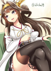 Rule 34 | 10s, 1girl, boots, breasts, brown eyes, brown hair, cup, detached sleeves, drink, female focus, hairband, japanese clothes, kantai collection, kase daiki, kongou (kancolle), large breasts, crossed legs, long hair, looking away, miniskirt, nontraditional miko, sitting, skirt, solo, teacup, thigh boots, thighhighs, thighs, twitter username, wide sleeves, zettai ryouiki