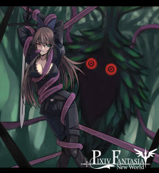 Rule 34 | 1girl, between breasts, bow, breasts, brown hair, character request, cleavage, copyright name, crazy eyes, green eyes, hair bow, long hair, looking at viewer, monster, open mouth, pixiv fantasia, pixiv fantasia new world, red eyes, restrained, shinmai (kyata), sword, tentacles, text focus, weapon, wince