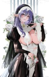Rule 34 | 1girl, absurdres, blood, blood on hands, blue eyes, breasts, facial mark, flower, hair between eyes, highres, holding, holding flower, large areolae, large breasts, long hair, long sleeves, looking at viewer, momokan (kandume200), nun, open mouth, original, pointy ears, purple hair, rose, smile, teeth, torn clothes, upper teeth only, white flower, white rose