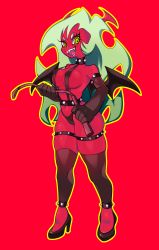 Rule 34 | 1girl, absurdres, armlet, breasts, collar, demon, demon girl, dominatrix, fiinelrush, green eyes, green hair, high heels, highres, long hair, muffin top, panty &amp; stocking with garterbelt, scanty (psg), sharp teeth, spiked armlet, spiked collar, spikes, teeth, thick thighs, thighhighs, thighs, thong, whip, wings