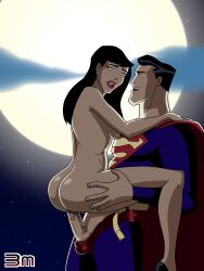 Rule 34 | 1boy, 1girl, 31indm4ster, ass, black hair, breasts, clark kent, couple, dc comics, dcau, flying, hetero, highres, lois lane, lois lane (dcau), medium breasts, moon, muscular, muscular male, nude, penis, penis out, sex, standing, standing sex, straddling, superman, superman: the animated series, superman (series), tagme, thick thighs, thighs, uncensored, vaginal, veins, veiny penis