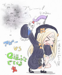 Rule 34 | &gt; &lt;, 1girl, abigail williams (fate), black bow, black dress, black footwear, black hat, blonde hair, bloomers, blush, bow, bug, bug spray, butterfly, chibi, closed eyes, crossed bandaids, dress, fate/grand order, fate (series), hair bow, hat, highres, insect, keyhole, long hair, long sleeves, mary janes, neon-tetora, open mouth, orange bow, parted bangs, polka dot, polka dot bow, shoes, sleeves past fingers, sleeves past wrists, solo, sweat, tentacles, translation request, underwear, very long hair, wavy mouth, white background, white bloomers