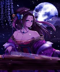Rule 34 | 1girl, absurdres, ansung, bad id, bad pixiv id, bare shoulders, beads, blue eyes, breasts, brown hair, cleavage, earrings, facial mark, fingernails, forehead mark, full moon, gradient background, guzheng, hair ornament, hair ribbon, hairpin, highres, instrument, japanese clothes, jewelry, large breasts, long hair, moon, nail polish, necklace, original, red nails, ribbon, shingoku no valhalla gate, solo