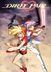 Rule 34 | 1990s (style), 2girls, back-to-back, blonde hair, boots, breasts, cleavage, copyright name, dirty pair, dirty pair flash, dyed bangs, earrings, energy blade, from above, green eyes, gun, handgun, highres, holding, holding gun, holding sword, holding weapon, jewelry, kei (dirty pair), kei (dirty pair flash), kimura takahiro, long hair, looking at viewer, multicolored hair, multiple girls, official art, open mouth, orange hair, purple hair, red footwear, retro artstyle, short hair, sleeveless, standing, sword, tan, thigh boots, thighhighs, two-handed, two-tone hair, weapon, white legwear, yuri (dirty pair), yuri (dirty pair flash)