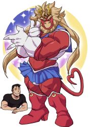 Rule 34 | 2boys, alternate costume, bara, beard, biceps, bishoujo senshi sailor moon, black hair, blank eyes, blue skirt, boots, bulge peek, colored skin, cosplay, curled horns, dragon horns, facial hair, forked eyebrows, frown, full body, furry, furry male, furry with non-furry, gardie (otsukimi), gloves, heart, heart tail, highres, horns, huge eyebrows, interspecies, knee boots, kouhei (otsukimi), large hands, large pectorals, lion hair, looking at viewer, male focus, midriff peek, multiple boys, muscular, muscular male, original, otsukimi, pectorals, peeking out, pose imitation, red skin, sailor moon, sailor moon (cosplay), shirt, short hair, sideburns, sideburns stubble, size difference, skirt, sparkle background, stubble, sweatdrop, tail, thick eyebrows, tied shirt, tied sleeves, white gloves, yaoi