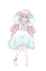 1girl barefoot blue_eyes blush globie hands_up hat long_hair long_sleeves looking_at_viewer neckerchief o&#039;lilou_loulou official_art open_mouth pink_hair pink_neckerchief second-party_source simple_background sleeves_past_wrists tachi-e virtual_youtuber white_background