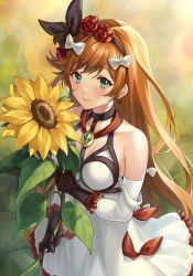 Rule 34 | 1girl, bare shoulders, black gloves, black hairband, black ribbon, blurry, blurry background, bow, breasts, brown hair, clarisse (granblue fantasy), clarisse (soleil blanc) (granblue fantasy), closed mouth, depth of field, detached sleeves, dress, flower, frilled dress, frilled gloves, frills, gloves, granblue fantasy, green eyes, hair between eyes, hair bow, hair flower, hair ornament, hair ribbon, hairband, highres, holding, holding flower, long hair, long sleeves, looking at viewer, red flower, red rose, ribbon, rose, shiao, sleeveless, sleeveless dress, small breasts, smile, solo, sunflower, very long hair, white bow, white dress, white sleeves, yellow flower