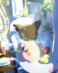 Rule 34 | bar soap, bath, bathtub, blue eyes, blush, blush stickers, bottle, bubble, blowing bubbles, bubble pipe, closed eyes, commentary, curtains, english commentary, faucet, in water, indoors, kirby, kirby (series), light rays, magolor, nintendo, no humans, partially submerged, plant, rubber duck, rug, shower head, signature, simon (kabo chips), steam, table, tile floor, tiles, towel, water, wet