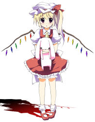 Rule 34 | 1girl, ascot, blonde hair, blush, hugging doll, dress, female focus, flandre scarlet, hat, hat ribbon, highres, looking at viewer, minase shuu, hugging object, pigeon-toed, puffy sleeves, purple eyes, red dress, red skirt, ribbon, short sleeves, side ponytail, skirt, solo, stuffed animal, stuffed rabbit, stuffed toy, touhou, wings