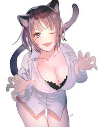 Rule 34 | 1girl, animal ears, bare legs, black hair, bra, breasts, cat ears, cat girl, cat tail, cleavage, collarbone, eyebrows hidden by hair, gao, large breasts, looking at viewer, one eye closed, open clothes, open mouth, original, ryousuke (tukr5384), shirt, short hair, simple background, smile, solo, tail, underwear, white background