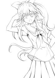 Rule 34 | 1girl, :d, absurdres, bad id, bad pixiv id, greyscale, highres, isumi (i-spixi), lineart, long hair, love plus, monochrome, one eye closed, open mouth, ponytail, ribbon, school uniform, serafuku, smile, solo, takane manaka, transparent background, wink