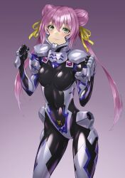 Rule 34 | 1girl, black bodysuit, black gloves, blush, bodysuit, breasts, clenched hands, covered navel, double bun, fortified suit, gloves, gradient background, green eyes, hair between eyes, hair bun, hair ribbon, highres, kurione (zassou), long hair, looking at viewer, muv-luv, muv-luv alternative, muv-luv alternative (anime), pilot suit, pink hair, purple background, ribbon, skin tight, small breasts, smile, solo, tamase miki, very long hair, yellow ribbon