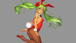 Rule 34 | 1girl, :d, absurdres, animal ears, armlet, ass, bare shoulders, black bow, black bowtie, bow, bowtie, breasts, brown pantyhose, detached collar, earrings, eiyuu senki, eiyuu senki ww, fake animal ears, fake tail, flower, from side, green eyes, green hair, grey background, hairband, hibiscus, highres, hoop earrings, jewelry, kamehameha (eiyuu senki), leg up, leotard, long hair, looking at viewer, looking to the side, ooyari ashito, open mouth, pantyhose, playboy bunny, rabbit ears, rabbit tail, red flower, red footwear, red hairband, red leotard, simple background, skindentation, small breasts, smile, solo, standing, standing on one leg, strapless, strapless leotard, tail, twintails, very long hair, wrist cuffs