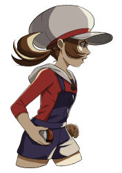 Rule 34 | 1girl, absurdres, brown eyes, brown hair, cabbie hat, creatures (company), game freak, hat, highres, holding, long hair, lyra (pokemon), nintendo, open mouth, overalls, poke ball, poke ball (basic), pokemon, pokemon hgss, simple background, solo, touyama sairi, twintails, white background, white hat
