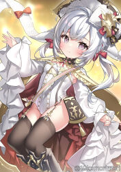 Rule 34 | 1girl, armored boots, azur lane, black thighhighs, blush, boots, bow, breasts, buttons, closed mouth, commentary request, commission, cross, cross hair ornament, double-breasted, flandre (azur lane), frilled sleeves, frills, garter straps, hair bow, hair ornament, juugou taki, leotard, long hair, long sleeves, looking at viewer, purple eyes, red bow, skeb commission, small breasts, smile, solo, thighhighs, thighs, twintails, white bow, white hair, white headwear, white leotard