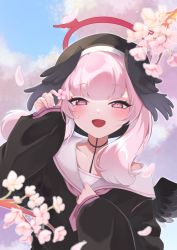Rule 34 | 1girl, absurdres, arm up, beautiful witch sakuran, black hat, black shirt, black wings, blouse, blue archive, blush, cherry blossoms, collarbone, commentary request, flower, half-closed eyes, halo, hand up, hat, head wings, highres, koharu (blue archive), long hair, looking at viewer, mini wings, neckerchief, open mouth, oversized clothes, petals, pink eyes, pink hair, pink neckerchief, sailor collar, shirt, sleeves past wrists, smile, solo, upper body, white sailor collar, wings