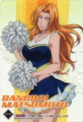 Rule 34 | 1girl, bare arms, bleach, blonde hair, blue eyes, blue shirt, blue skirt, breasts, character name, cheerleader, cleavage, collarbone, copyright name, facing viewer, hands up, happy, holding, holding pom poms, japanese text, kanji, large breasts, long hair, looking at viewer, matsumoto rangiku, midriff, mole, mole under mouth, multicolored clothes, multicolored shirt, multicolored skirt, official art, orange hair, parted lips, pom pom (cheerleading), pom poms, shirt, skirt, smile, solo, standing, tan, tank top, teeth, translation request, white shirt, white skirt, yellow shirt, yellow skirt