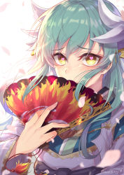 Rule 34 | 1girl, aqua hair, blush, breasts, commentary request, dragon horns, face, fate/grand order, fate (series), green hair, hair between eyes, hand fan, heart, heart-shaped pupils, highres, holding, holding fan, horns, japanese clothes, kaer sasi dianxia, kimono, kiyohime (fate), leaf, long hair, long sleeves, looking at viewer, medium breasts, simple background, smile, solo, symbol-shaped pupils, white background, white horns, yellow eyes