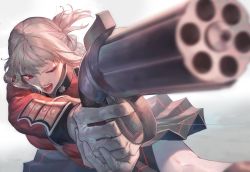 1girl, blood, blurry, blurry foreground, braid, fate/grand order, fate (series), florence nightingale (fate), gloves, highres, makitoshi0316, nosebleed, one eye closed, pantyhose, pepperbox revolver, pink hair, pleated skirt, pointing weapon, red eyes, skirt, white gloves