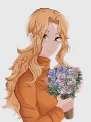 Rule 34 | 1girl, absurdres, blonde hair, bouquet, closed mouth, eyvel, fire emblem, fire emblem: thracia 776, flower, highres, holding, holding bouquet, light smile, long hair, long sleeves, looking at viewer, mazi (pirate archer), nintendo, orange eyes, orange shirt, shirt, solo, upper body, white background