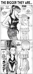 Rule 34 | 2girls, 2koma, absurdres, anger vein, armpit peek, band shirt, belt, belt buckle, blush, bracelet, breasts, buckle, cleavage, comic, commentary, denim, denim shorts, dress, ear piercing, earrings, english commentary, english text, greyscale, grs-, headpat, heart, heart-shaped pupils, height difference, highres, instant loss, jewelry, kneeling, large breasts, long hair, medium hair, merchandise, metallica, monochrome, multiple girls, no bra, nyan, off-shoulder dress, off shoulder, original, pantyhose, piercing, right-to-left comic, role reversal, scolding, sharon (grs-), shorts, sideboob, spiked bracelet, spikes, studded belt, symbol-shaped pupils, tall, talia (grs-), tall female, tank top, teeth, torn clothes, torn pantyhose, torn shorts, upper teeth only, yuri