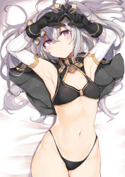 Rule 34 | 1girl, armpits, bad id, bad pixiv id, bed sheet, black gloves, black panties, blush, breasts, closed mouth, copyright request, crop top, crossed fingers, detached sleeves, gloves, hair between eyes, head tilt, highleg, highleg panties, long hair, long sleeves, lying, nanananana, navel, on back, panties, purple eyes, ribbed sleeves, silver hair, small breasts, solo, stomach, underwear, very long hair, virtual youtuber, white sleeves, x fingers