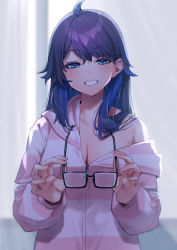 Rule 34 | 1girl, absurdres, ahoge, blue eyes, blue hair, breasts, commentary request, glasses, highres, indie virtual youtuber, kson, long hair, looking at viewer, mikan (chipstar182), mole, mole under eye, parted lips, smile, solo, souchou, teeth, upper body, virtual youtuber