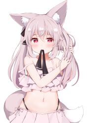 Rule 34 | 1girl, animal ear fluff, animal ears, armpit crease, black bow, black panties, bow, breasts, bright pupils, color coordination, crop top, dot nose, facing viewer, fox ears, fox girl, fox tail, frilled shirt, frills, groin, hair between eyes, hair tie in mouth, hands in hair, hands up, highres, light blush, lingerie, long hair, looking at self, looking away, messy hair, midriff, mouth hold, navel, off shoulder, original, panties, parted lips, pink bow, pink eyes, pink fur, pink hair, pink pupils, pink theme, pleated skirt, shirt, side-tie skirt, sidelocks, sideways glance, skirt, small breasts, solo, tail, tutsucha illust, twintails, underwear, white fur