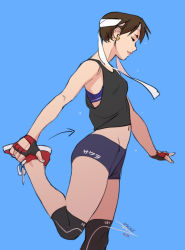 Rule 34 | 1girl, ankle grab, arrow (symbol), bike shorts, blue background, blue sports bra, breasts, brown hair, closed eyes, commentary, earrings, english commentary, fingerless gloves, from side, gloves, headband, jewelry, kasugano sakura, knee pads, lips, low-cut armhole, red eyes, shoes, short hair, simple background, small breasts, sneakers, solo, sports bra, standing, standing on one leg, street fighter, street fighter zero (series), stretching, tank top, vashperado, white headband
