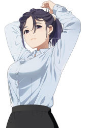 Rule 34 | 1girl, arms up, black hair, black skirt, blue shirt, breasts, closed mouth, collared shirt, dress shirt, hair between eyes, hair tie, looking at viewer, mattaku mousuke, medium breasts, original, ponytail, shirt, simple background, skirt, solo, twitter username, tying hair, upper body, white background