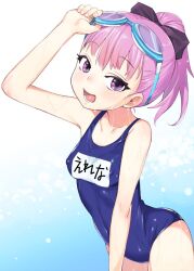 1girl breasts commentary_request fate/grand_order fate_(series) goggles goggles_on_head helena_blavatsky_(fate) helena_blavatsky_(swimsuit_archer)_(fate) helena_blavatsky_(swimsuit_archer)_(first_ascension)_(fate) henry_bird_9 looking_at_viewer name_tag one-piece_swimsuit open_mouth pink_eyes pink_hair ponytail school_swimsuit small_breasts smile solo swimsuit wet