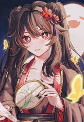Rule 34 | 1girl, black nails, brown hair, bug, butterfly, closed mouth, flower, genshin impact, ghost, hair flower, hair ornament, highres, hu tao (genshin impact), insect, kyul gnsn, looking at viewer, nail polish, night, night sky, open clothes, red eyes, sky, smile, symbol-shaped pupils, twintails
