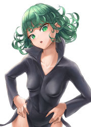 Rule 34 | 1girl, black dress, breasts, collarbone, cowboy shot, curly hair, dress, green eyes, green hair, hands on own hips, highres, hip vent, impossible clothes, long sleeves, matching hair/eyes, one-punch man, open mouth, sai (abyss05), short hair, simple background, skin tight, small breasts, solo, standing, tatsumaki, teeth, thighs, upper teeth only, white background